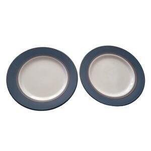 Kensington Thomson Pottery Salad Plates Slate Blue, White, Brown Verge Set of 2